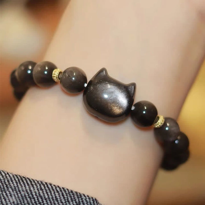 Armband Gold Silber Obsidian Katze - Schutz