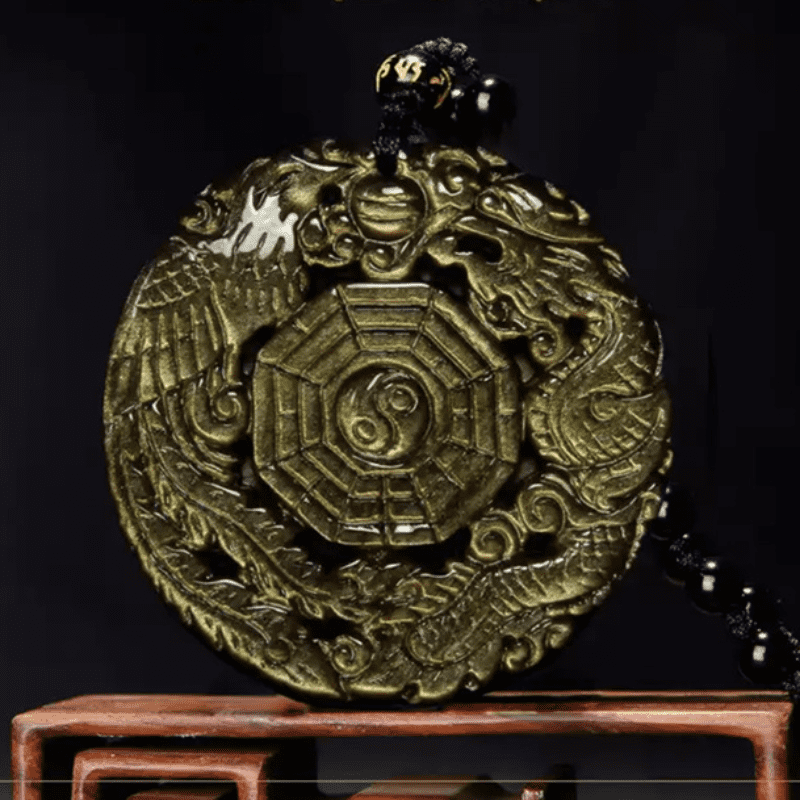 Goldener Anhänger Kette mit Bagua Symbol und Drachen Design Obsidian