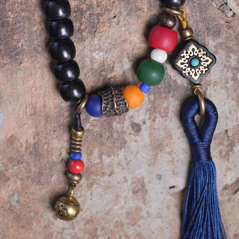 Mala Kupfer Ebenholz Balance Armband bunte Perlen Quaste elegant