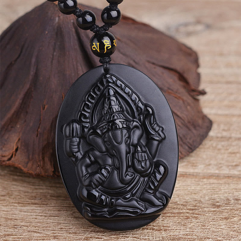 Schwarze Obsidian Kette mit Ganesha Anhänger Wohlstand Segen