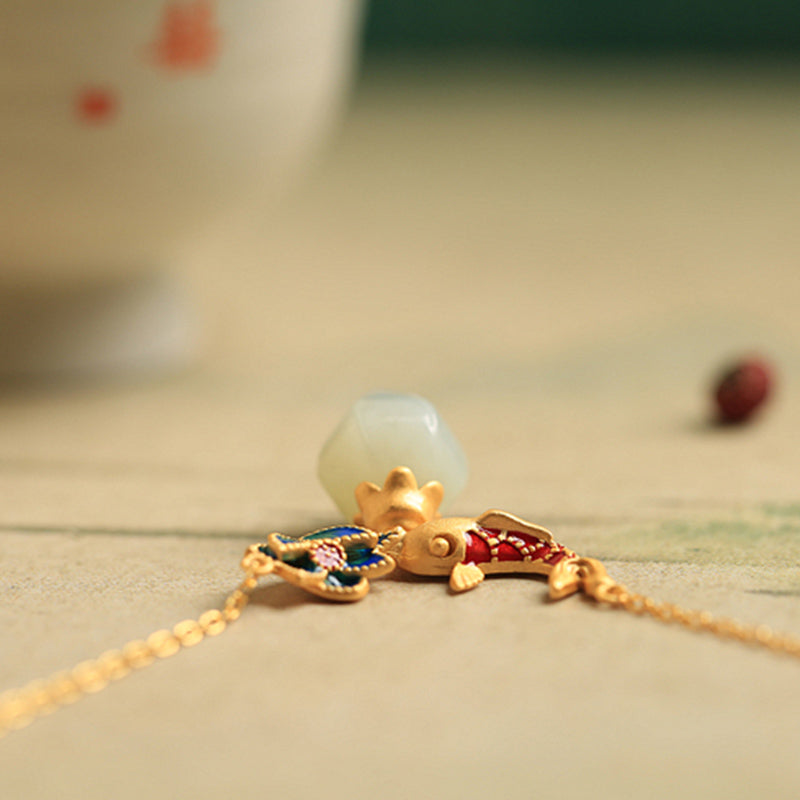 Anhänger Kette Jade Koi Lotus Kupfer Schutz