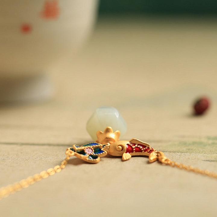 Anhänger Kette Jade Koi Lotus Kupfer Schutz