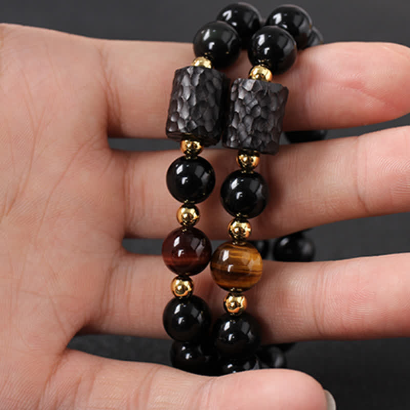 Armband Schwarzer Obsidian Tigerauge Paar elastisch Naturstein glänzend