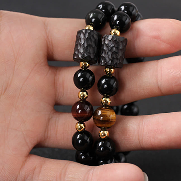 Armband Schwarzer Obsidian Tigerauge Paar elastisch Naturstein glänzend