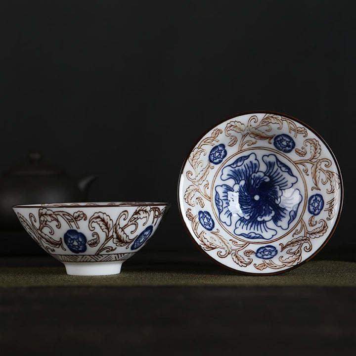 Teetassen Aus Porzellan Fu-Zeichen Lotus Berge Blaue Blumen Braune Blätter