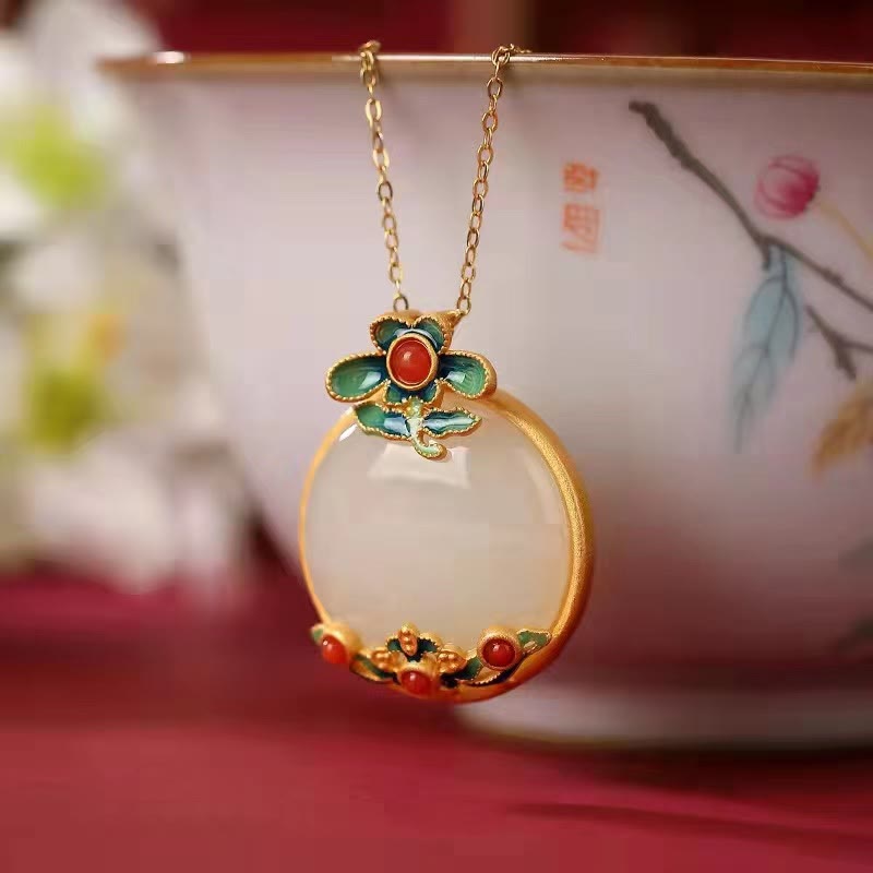 Kette weiße Jade rote Achat Blume Glück