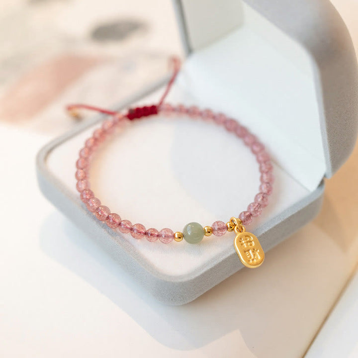 Armband Erdbeerquarz Granat Fu-Zeichen elastisch rosa Naturstein gold