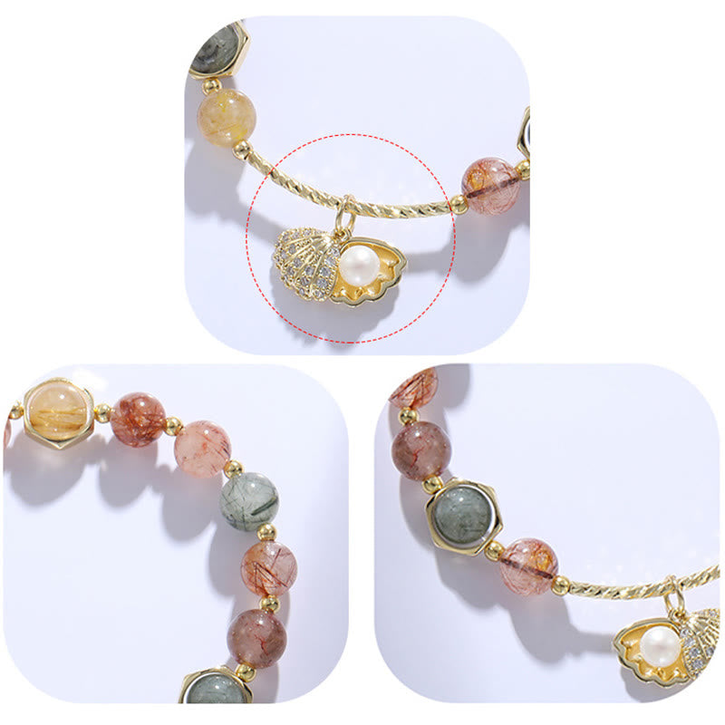 Armband Bunt Rutilquarz Shell Schutz elastisch Naturstein Perlen Gold