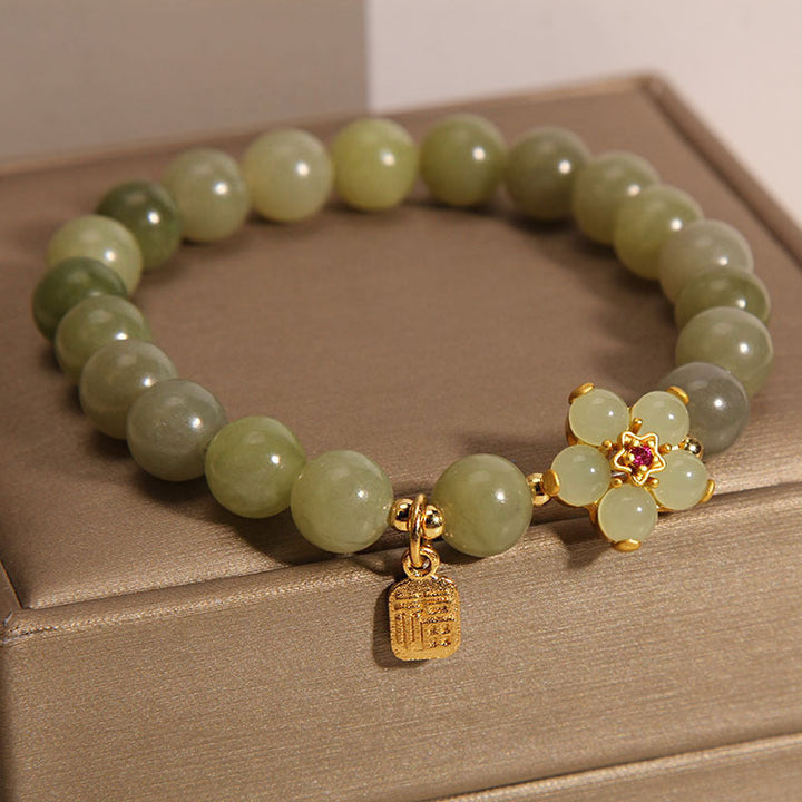 Armband Grüner Jade Blume Fu Zeichen - Glück