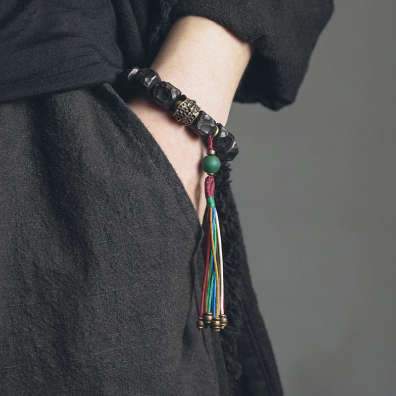 Mala Kupfer Ebenholz Frieden Armband Handgelenk grüner Stein bunte Quasten