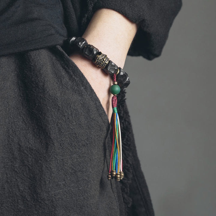 Mala Kupfer Ebenholz Frieden Armband Handgelenk grüner Stein bunte Quasten