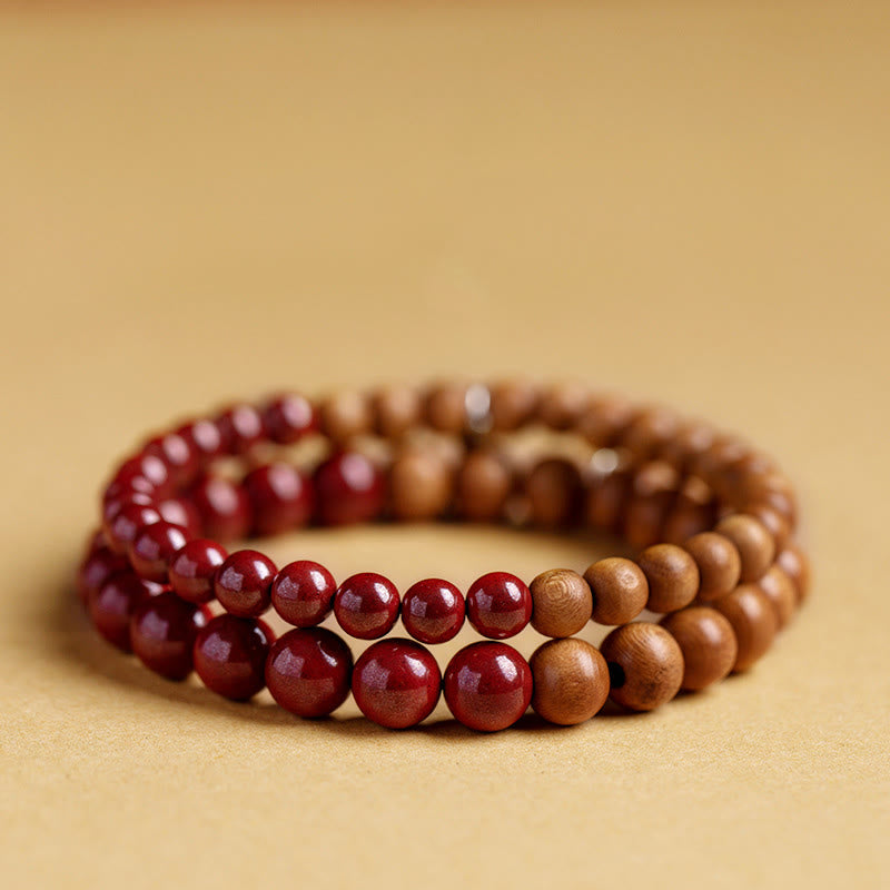 Armband Zinnober Holzperlen rot braun elastisch Naturstein