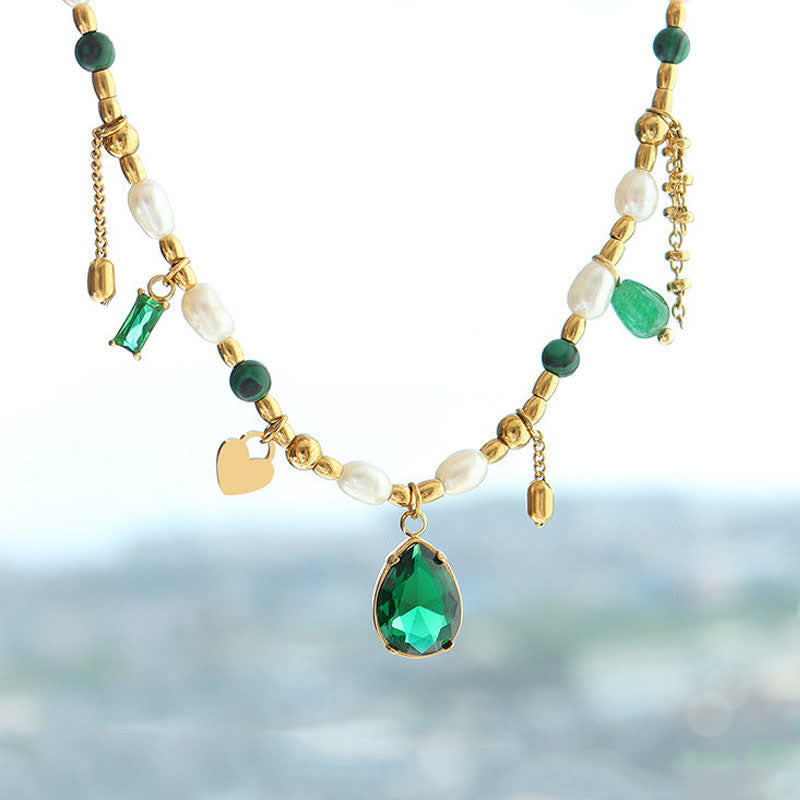 Kette Perle grün Zirkon Tropfen gold