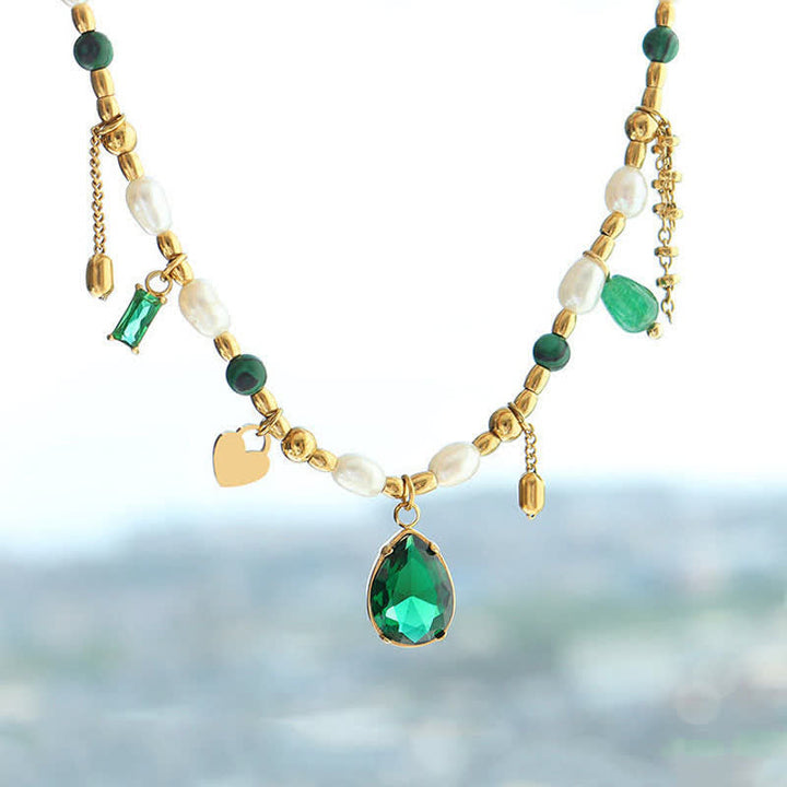 Kette Perle grün Zirkon Tropfen gold