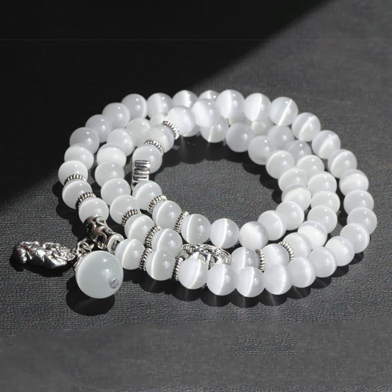 Weißes Katzenauge Armband PiXiu Dreifach Silber elastisch Naturstein