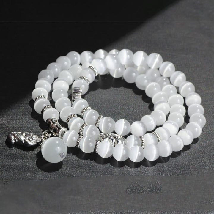 Weißes Katzenauge Armband PiXiu Dreifach Silber elastisch Naturstein