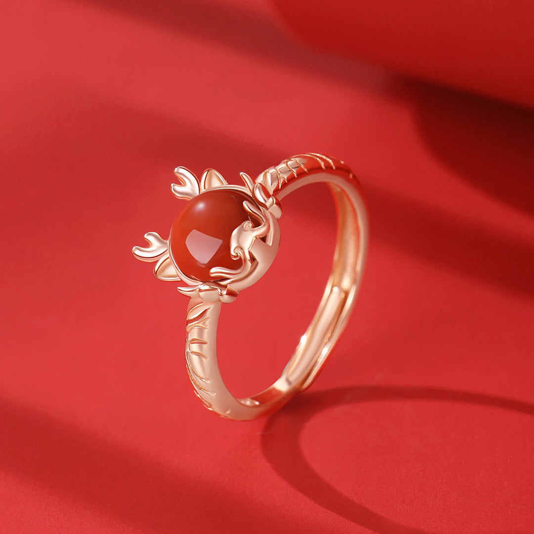 Roter Achat Drachen Ring 925 Silber elegantes Design Schutzstein.