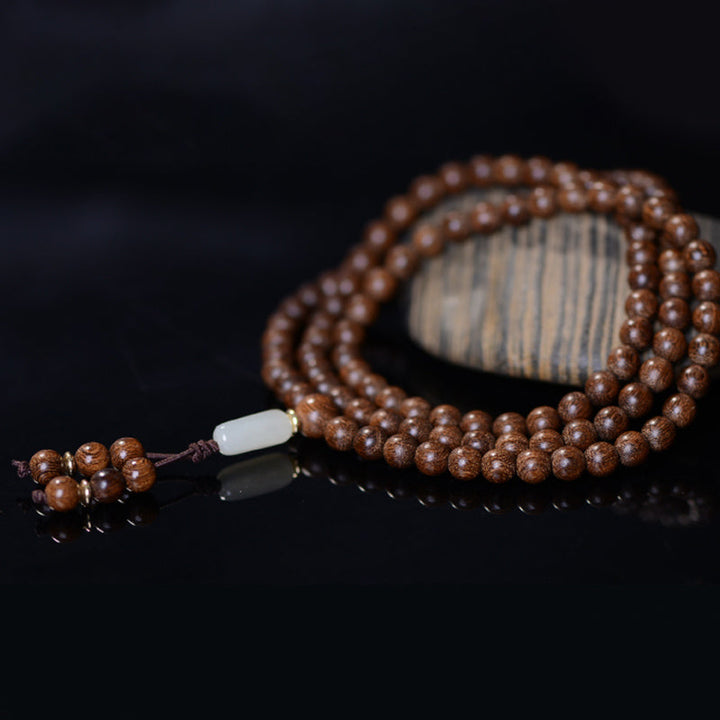 Mala 108 Perlen Rosenholz Armband mit Jade Quaste dunkel
