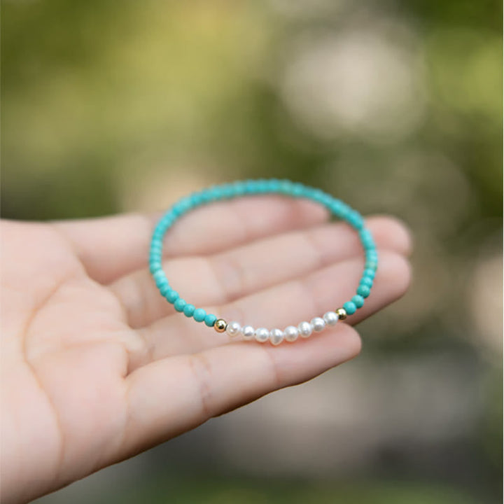 Türkis Armband 925 Silber mit Perlen elastisch am Handgelenk getragen