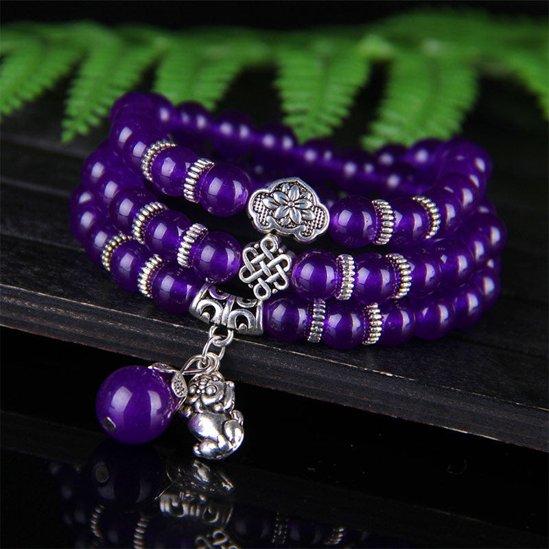 Amethyst Pixiu Armband violett Perlen Silber Anhänger Wohlstand elegant