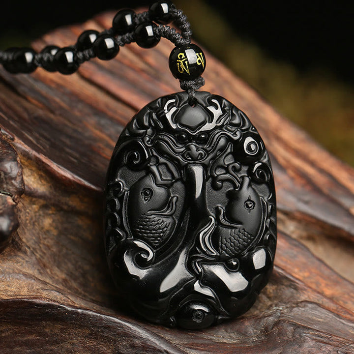 Schwarzer Obsidian Kette, Koi-fische Anhänger, Hangeschmuck