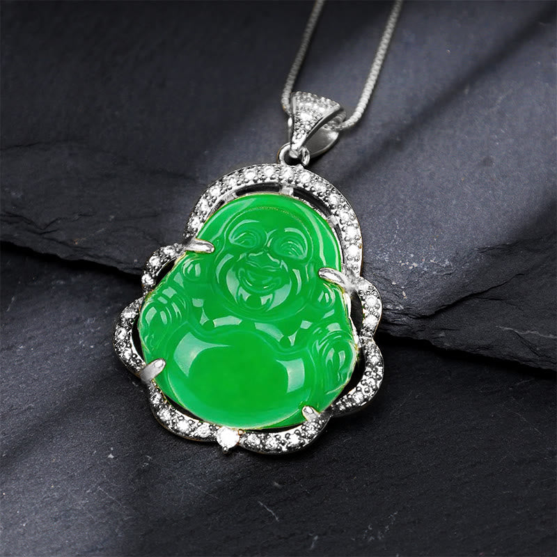 Grüner Jade Buddha Anhänger mit silbernem Rahmen und Strass