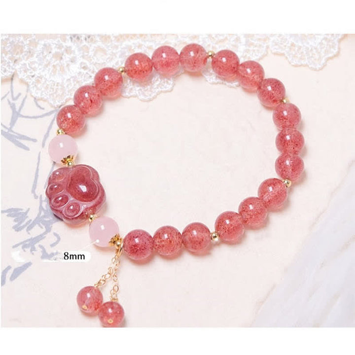 Armband Erdbeerquarz Kristall Katze rosa Perlen elastisch Naturstein glänzend