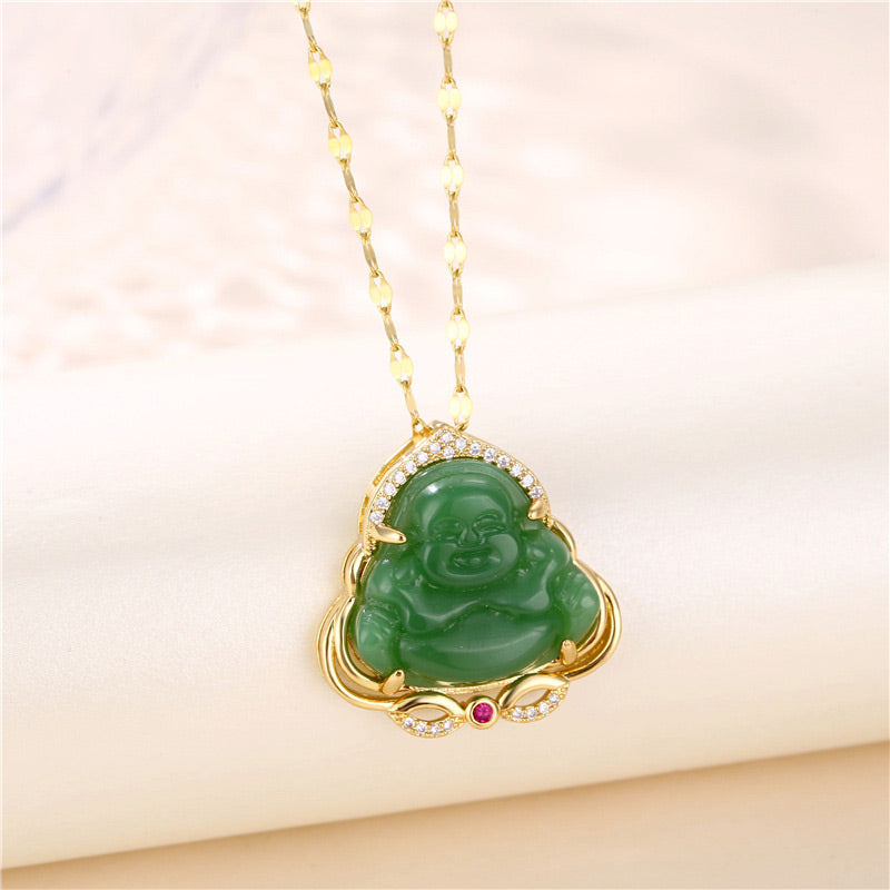 Kette Jade Lachender Buddha Gold Anhänger grün