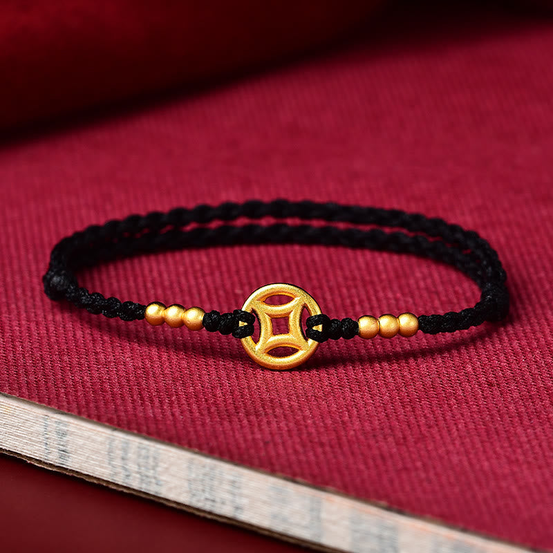 Armband Kupfer – Stärke mit schwarzem Seil und goldenen Perlen Flachlage