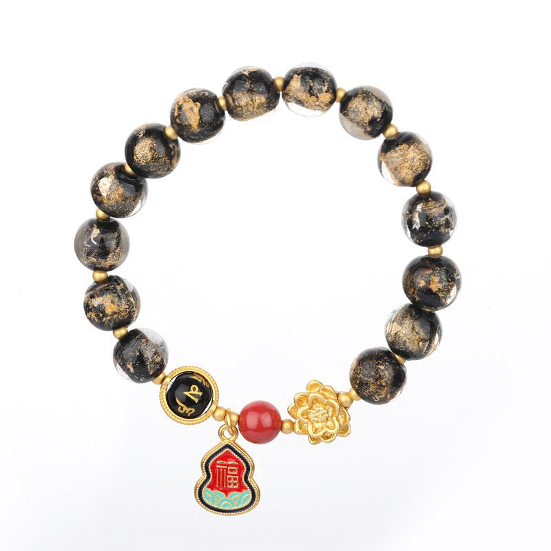 Obsidian Armband Om Mani Padme Hum – Glück mit goldenen Perlen und Anhängern