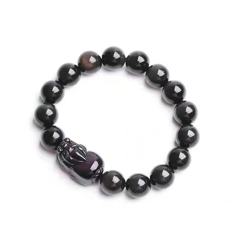 Armband Obsidian Pixiu schwarze Perlen Heilstein elastisch elegant