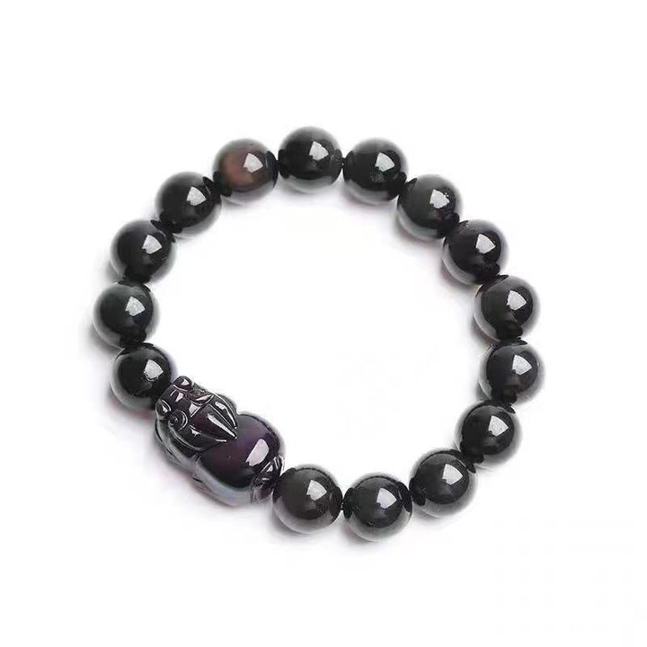 Armband Obsidian Pixiu schwarze Perlen Heilstein elastisch elegant