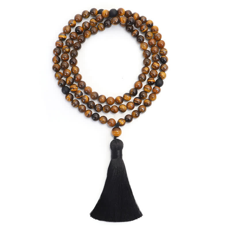 Mala 108 Perlen Tigerauge Schutz Halskette schwarze Quaste Naturstein