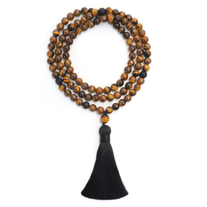 Mala 108 Perlen Tigerauge Schutz Halskette schwarze Quaste Naturstein