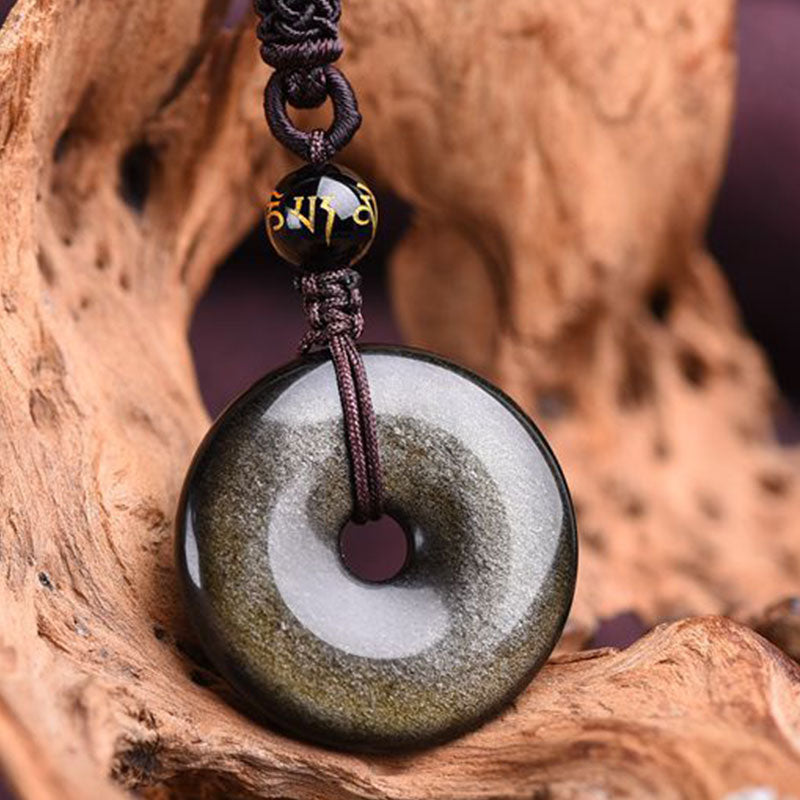 Obsidian Kette mit schwarzem Donut Anhänger Naturstein Schutz Stärke