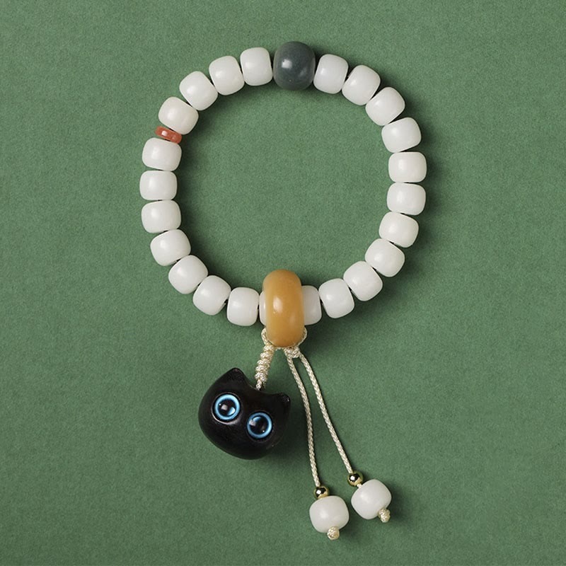 Bodhi Armband mit weißen Perlen schwarzer Katze Anhänger Liebe Frieden