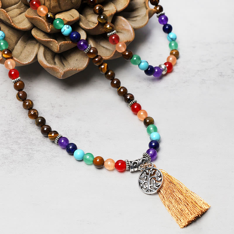 Bunte Mala 108 Perlen Kristall – Heilung Halskette mit Quaste Flachlage