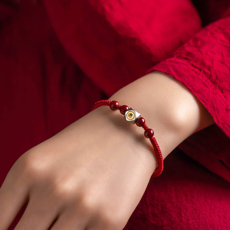Rotes Armband 925 Silber Zinnober Chinesisches Tierkreis elastisch Handgelenk