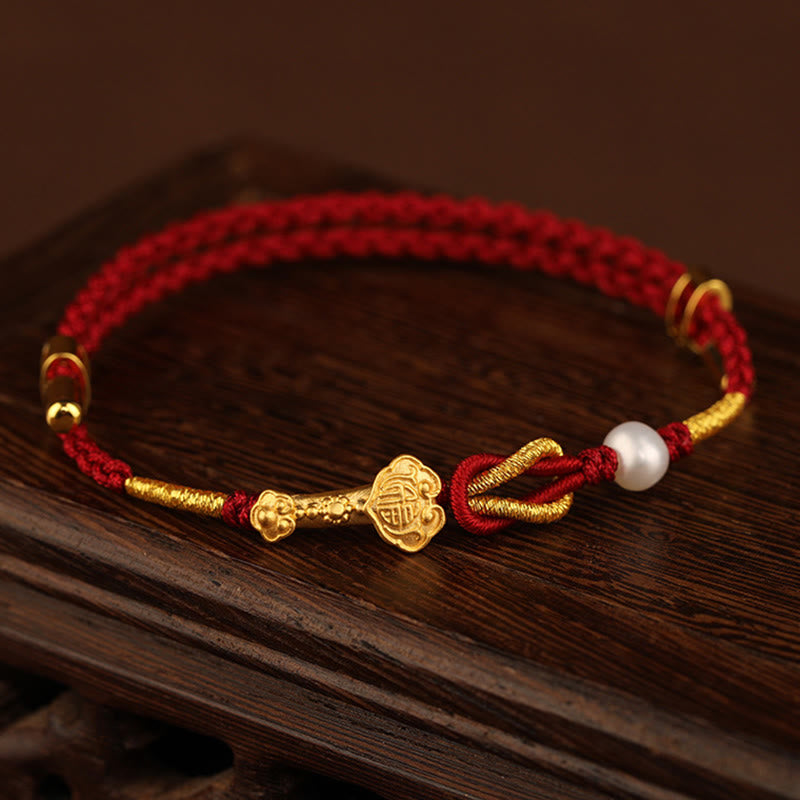 Rotes Armband Perle Fu-Zeichen – Glück Gold elegant Holz