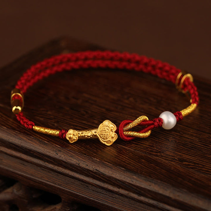 Rotes Armband Perle Fu-Zeichen – Glück Gold elegant Holz