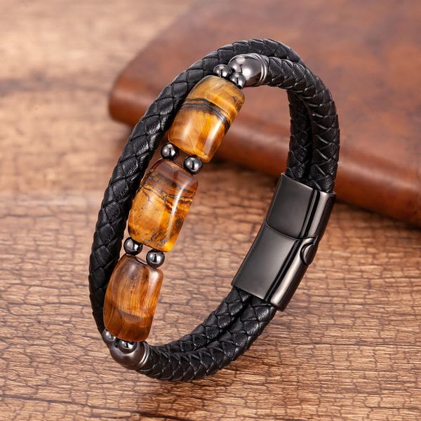 Armband Tigerauge Magnetisch mit schwarzem Ledergeflecht Magnetverschluss