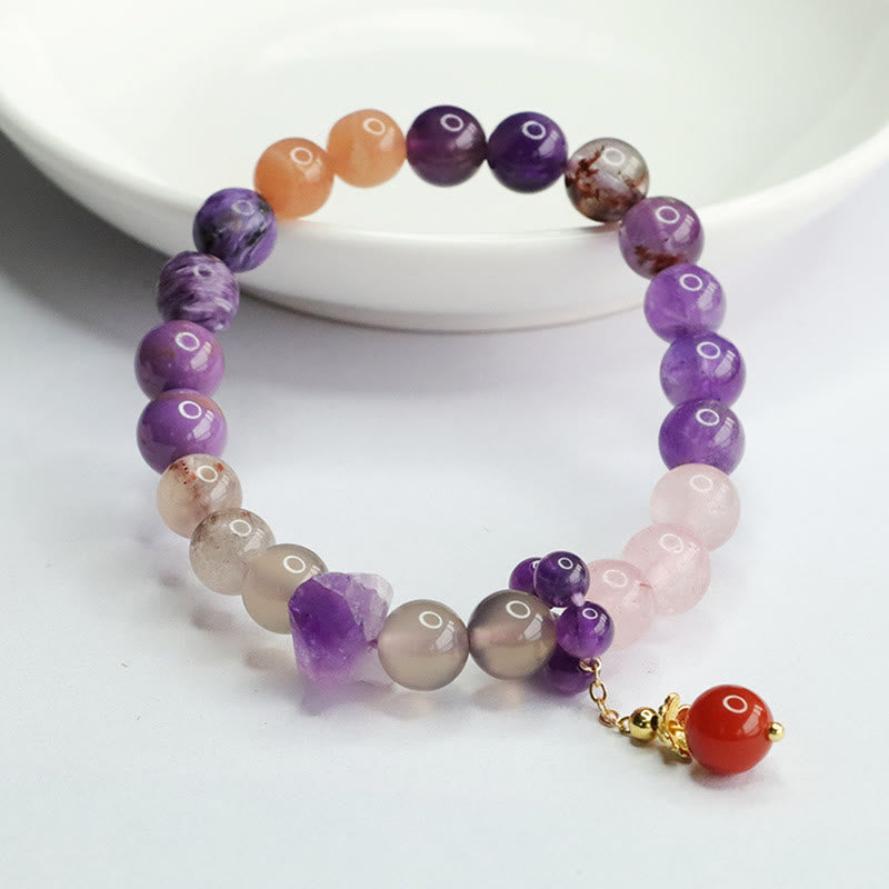 Armband Amethyst Kristall Heilung Frieden mit Rosenquarz und Granat.