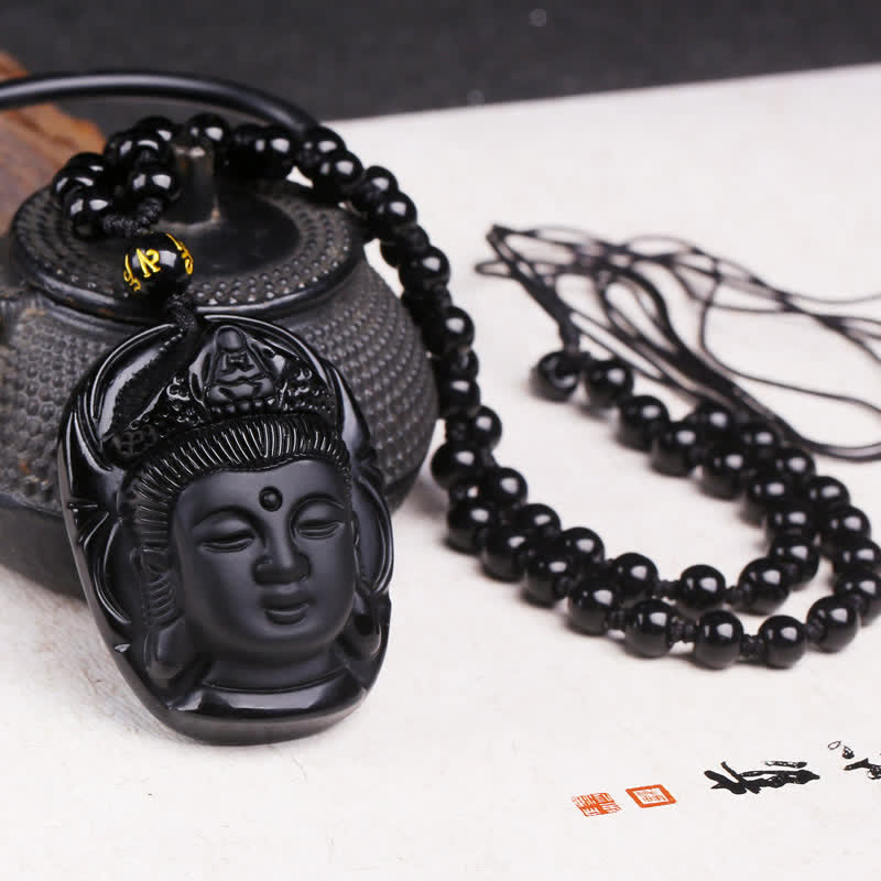 Anhänger Kette schwarze Obsidian Avalokitesvara Buddha Perlen