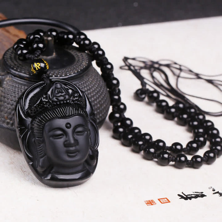 Anhänger Kette schwarze Obsidian Avalokitesvara Buddha Perlen