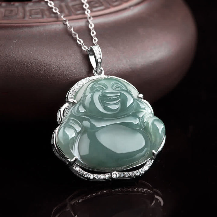 Anhänger Kette Jade Lachender Buddha Natur Glück Silber