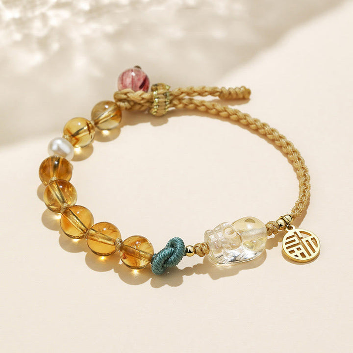 Armband Citrin Fu-Zeichen Wohlstand goldene Perlen Naturstein elastisch