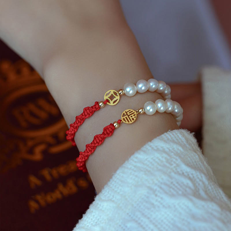 Armband Perle – Schutz & Glück rote Schnur goldene Verschlüsse Perlen