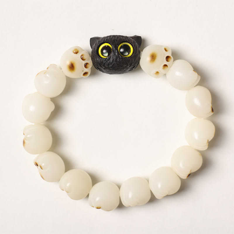 Armband mit Bodhi-Perlen, Ebenholz-Katze und gelben Augen, elastisch.