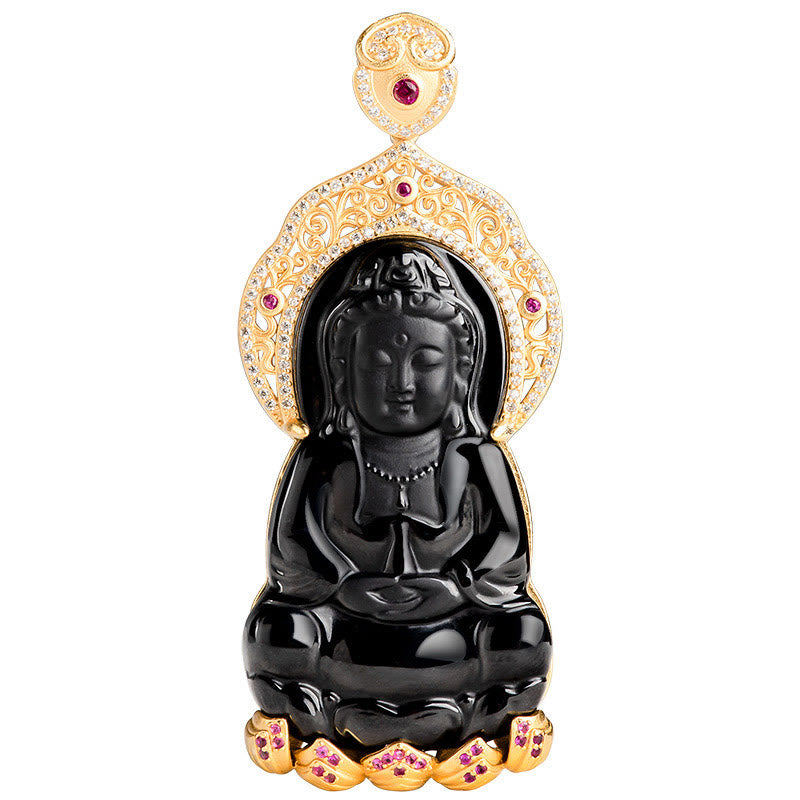Kwan Yin Pendant Schwarze Jade Gold Wohlstand