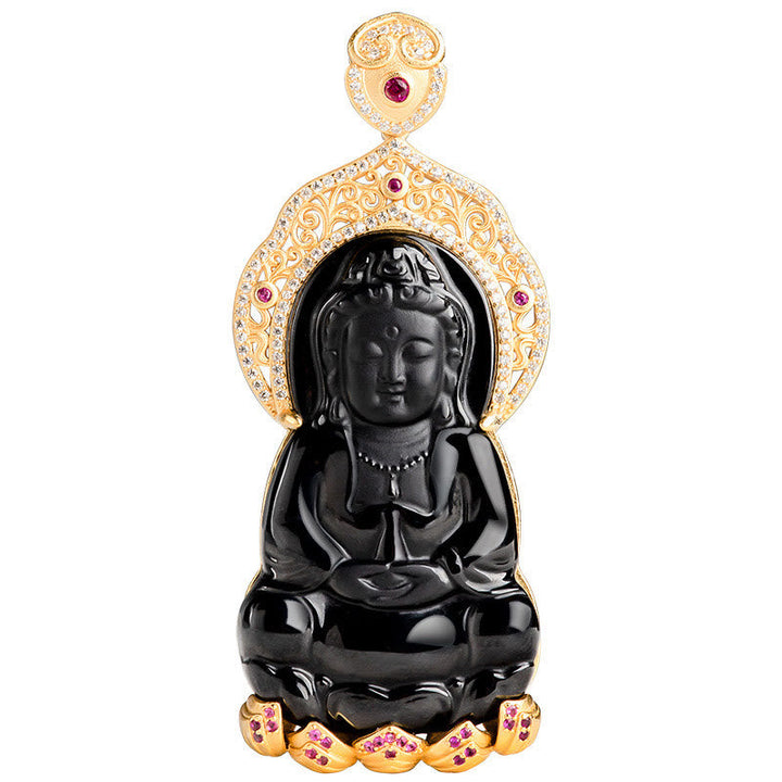 Kwan Yin Pendant Schwarze Jade Gold Wohlstand